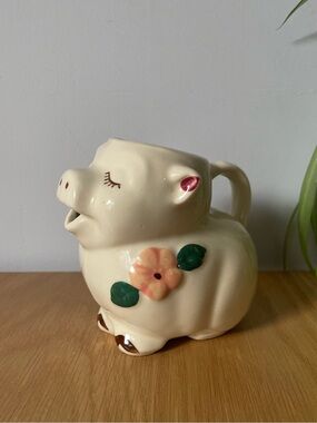 Vintage MCM Shawnee Pottery Smiley Pig Creamer Pitcher Peach Flower USA 1940s